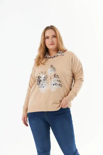 Plus Size Cashmere Blend V-Neck Printed Knit Sweater Mink - 4