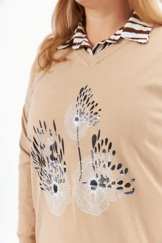 Plus Size Cashmere Blend V-Neck Printed Knit Sweater Mink - 5