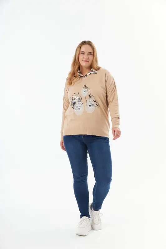 Plus Size Cashmere Blend V-Neck Printed Knit Sweater Mink - 6