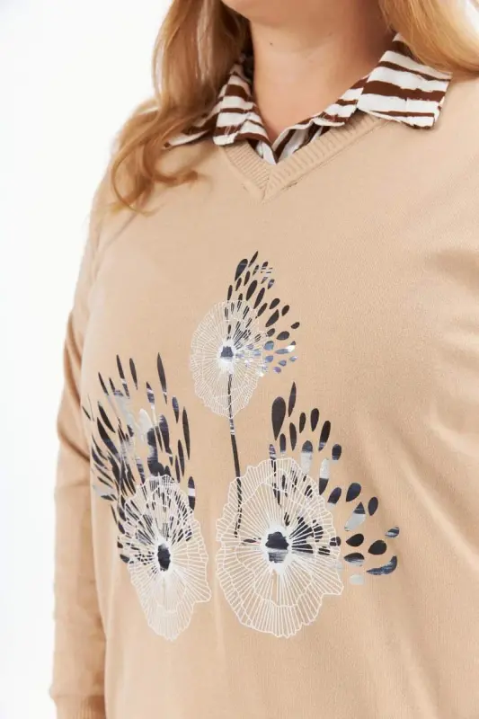 Plus Size Cashmere Blend V-Neck Printed Knit Sweater Mink - 5