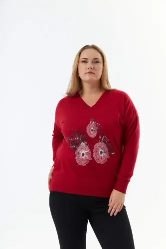Plus Size Cashmere Blend V-Neck Printed Knit Sweater Red - 8