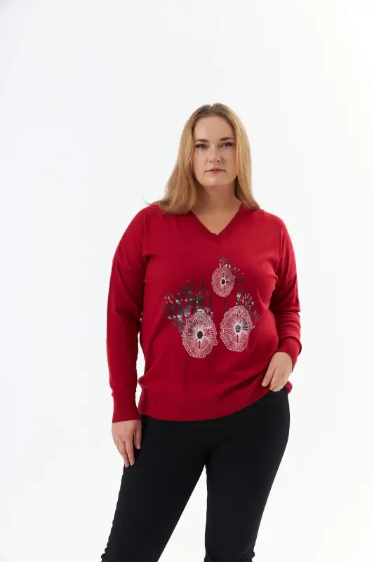 Plus Size Cashmere Blend V-Neck Printed Knit Sweater Red - BÜYÜKBEDENIZ