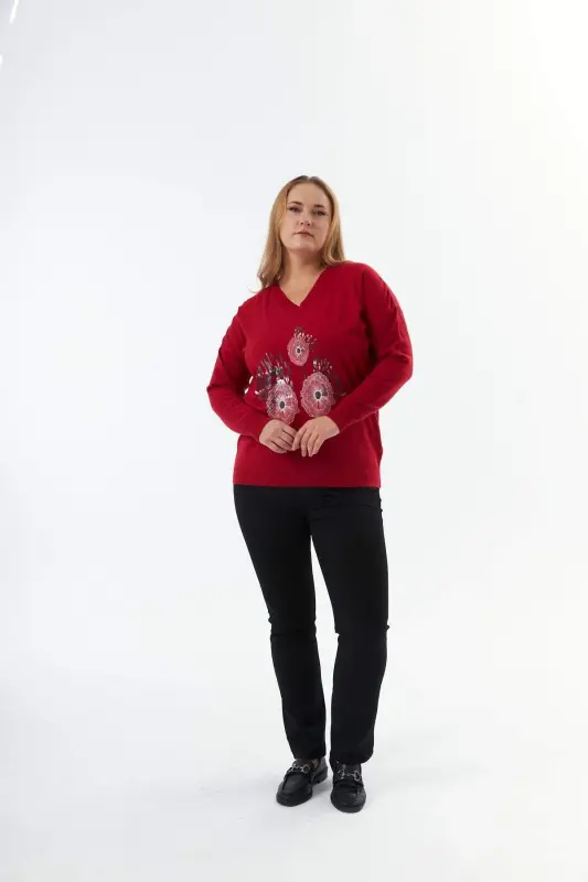 Plus Size Cashmere Blend V-Neck Printed Knit Sweater Red - 10