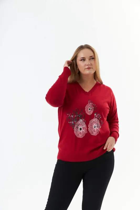 Plus Size Cashmere Blend V-Neck Printed Knit Sweater Red - 2
