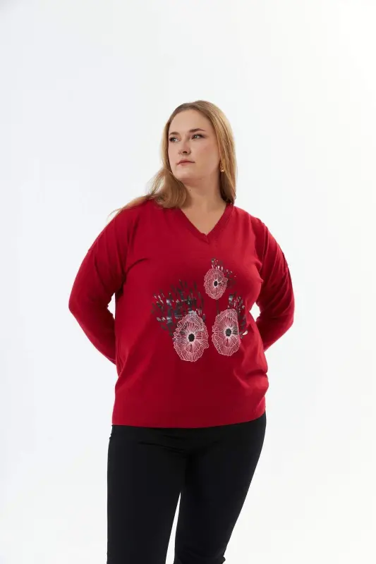 Plus Size Cashmere Blend V-Neck Printed Knit Sweater Red - 3