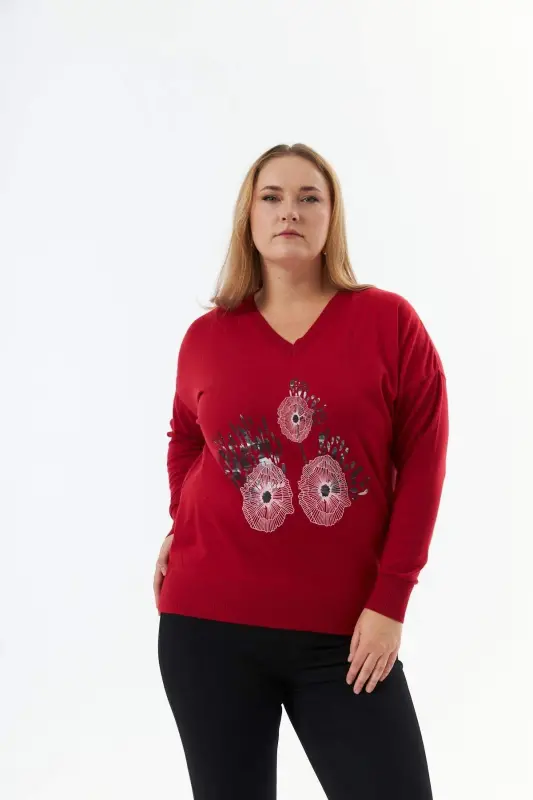 Plus Size Cashmere Blend V-Neck Printed Knit Sweater Red - 4