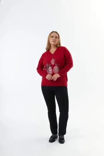 Plus Size Cashmere Blend V-Neck Printed Knit Sweater Red - 6