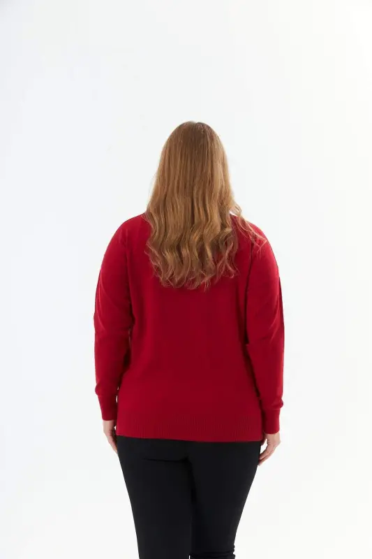Plus Size Cashmere Blend V-Neck Printed Knit Sweater Red - 7