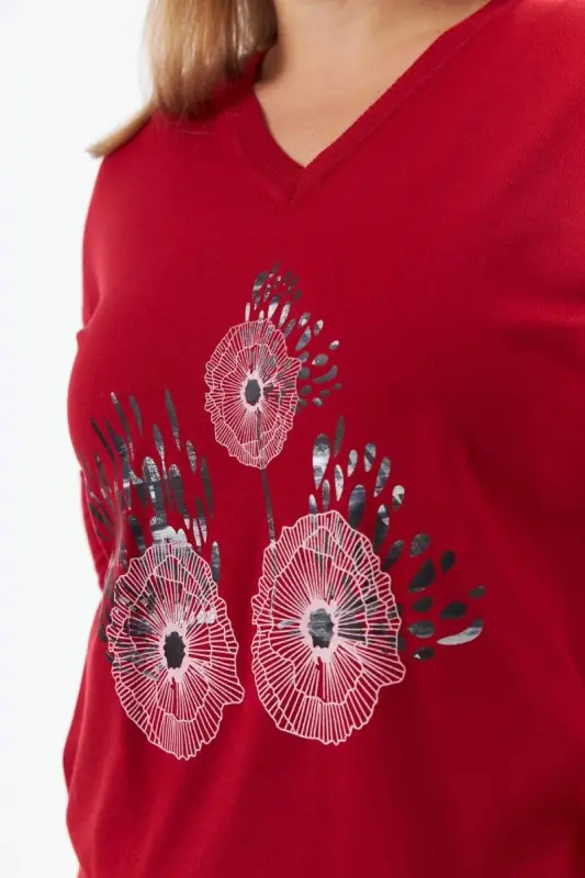 Plus Size Cashmere Blend V-Neck Printed Knit Sweater Red - 5