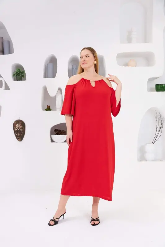 Plus Size Casual Dress with Collar Chain Red - BÜYÜKBEDENIZ
