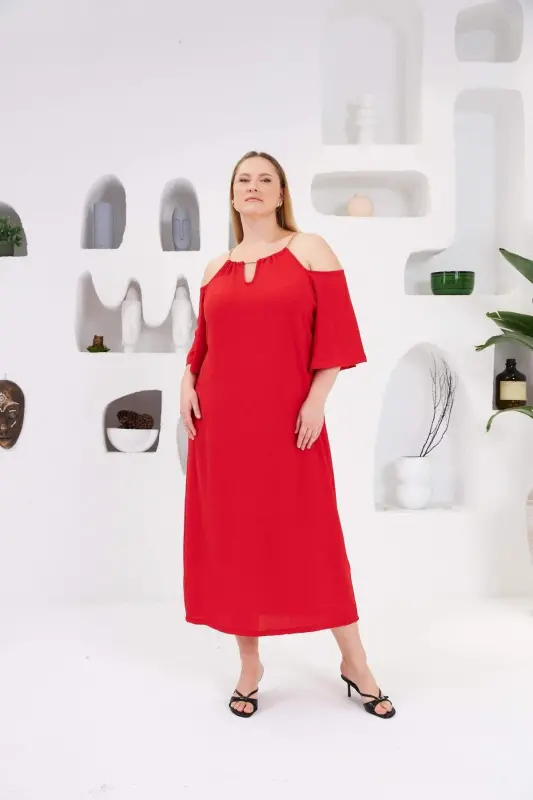 Plus Size Casual Dress with Collar Chain Red - 2