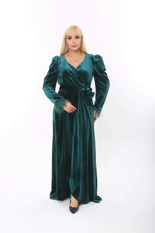 Plus Size Chic Velvet Evening Dress Feather Detail Green 8085 - 5