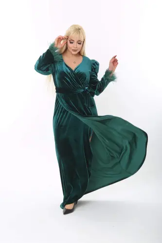 Plus Size Chic Velvet Evening Dress Feather Detail Green 8085 - 6