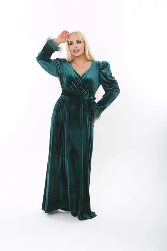 Plus Size Chic Velvet Evening Dress Feather Detail Green 8085 - 9
