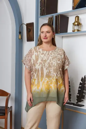 Plus Size Chiffon Blouse with Patterned Lining, Khaki - 1