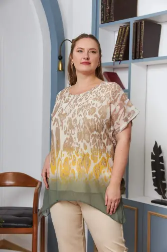 Plus Size Chiffon Blouse with Patterned Lining, Khaki - 4