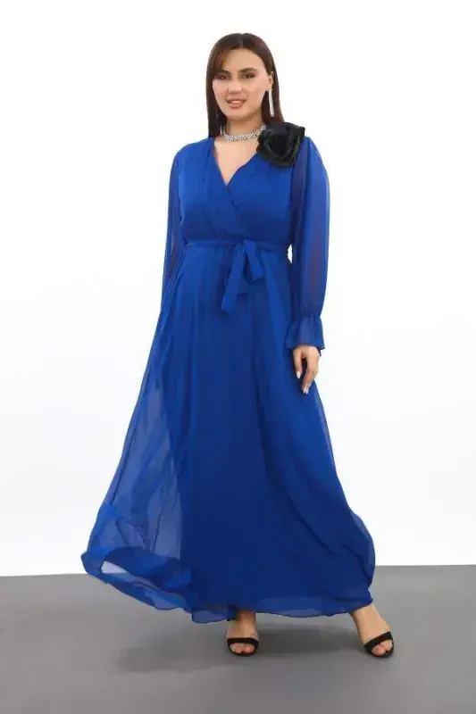 Plus Size Chiffon Long A-Line Sax Dress with Belt KL3085 - BÜYÜKBEDENIZ