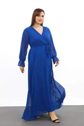 Plus Size Chiffon Long A-Line Sax Dress with Belt KL3085 - 2