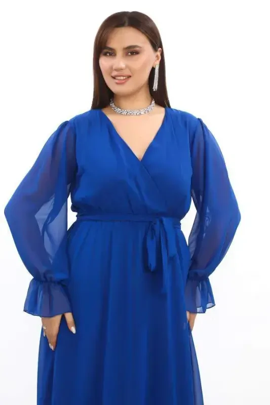 Plus Size Chiffon Long A-Line Sax Dress with Belt KL3085 - 4