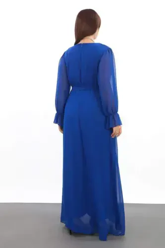 Plus Size Chiffon Long A-Line Sax Dress with Belt KL3085 - 5