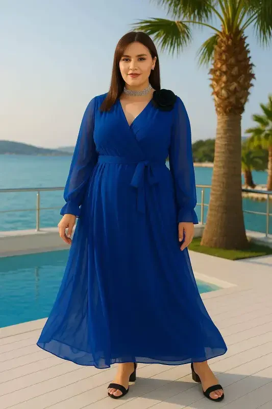 Plus Size Chiffon Long A-Line Sax Dress with Belt KL3085 - 6
