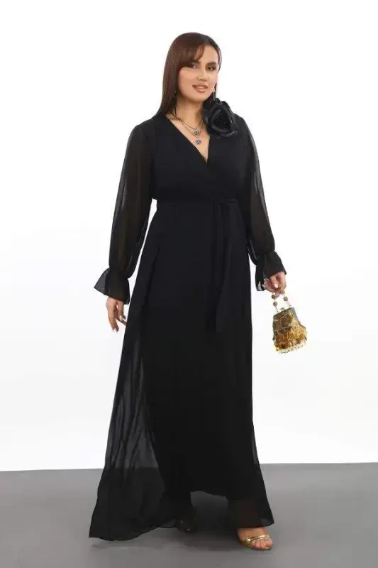 Plus Size Chiffon Long Black Evening Dress with Belt KL3085 - BÜYÜKBEDENIZ