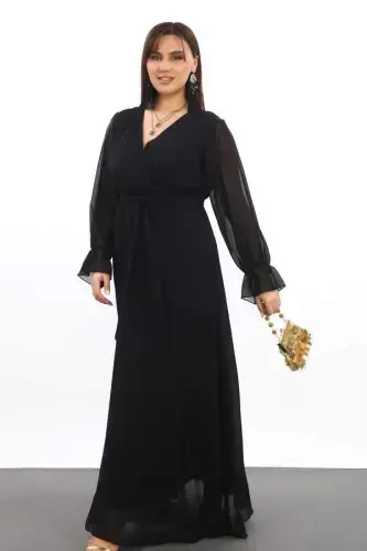 Plus Size Chiffon Long Black Evening Dress with Belt KL3085 - BÜYÜKBEDENIZ (1)