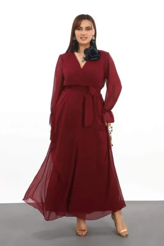 Plus Size Chiffon Long Burgundy Prom Dress with Belt KL3085 - 1