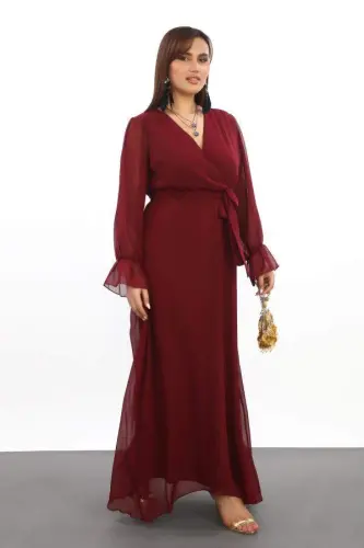 Plus Size Chiffon Long Burgundy Prom Dress with Belt KL3085 - BÜYÜKBEDENIZ (1)