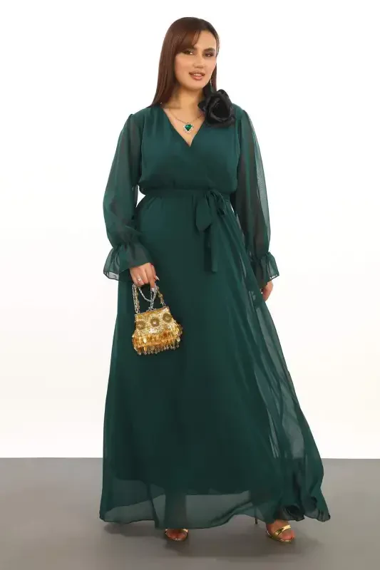 Plus Size Chiffon Long Green Bridesmaid Dress with Belt KL3085 - BÜYÜKBEDENIZ