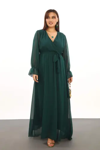 Plus Size Chiffon Long Green Bridesmaid Dress with Belt KL3085 - BÜYÜKBEDENIZ (1)