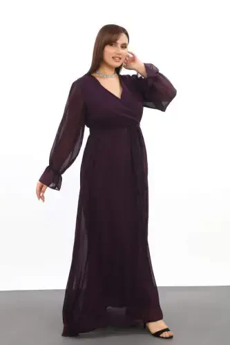 Plus Size Chiffon Long Maxi Dress Purple with Belt KL3085 - BÜYÜKBEDENIZ (1)