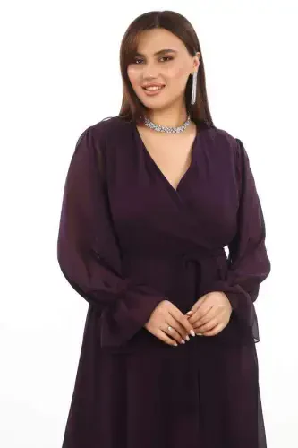 Plus Size Chiffon Long Maxi Dress Purple with Belt KL3085 - 3