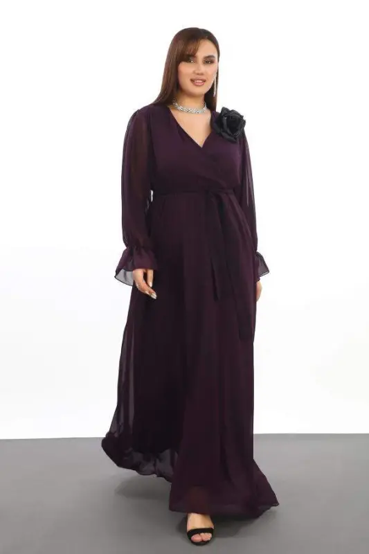 Plus Size Chiffon Long Maxi Dress Purple with Belt KL3085 - BÜYÜKBEDENIZ