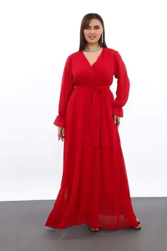 Plus Size Chiffon Long Red Party Dress with Belt KL3085 - 3