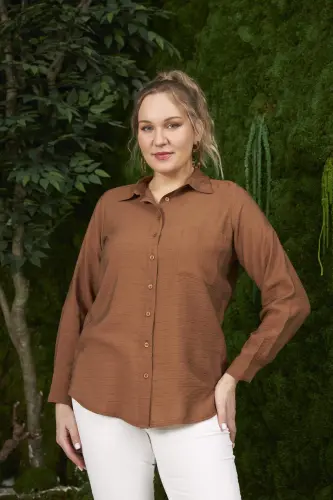 Plus Size Coffee Ribbed Shirt with Pocket Detail - 1