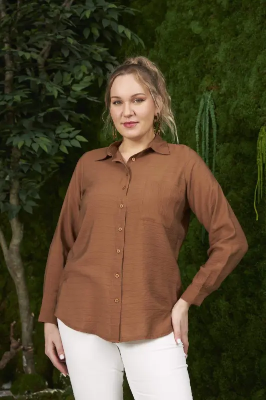 Plus Size Coffee Ribbed Shirt with Pocket Detail - 1