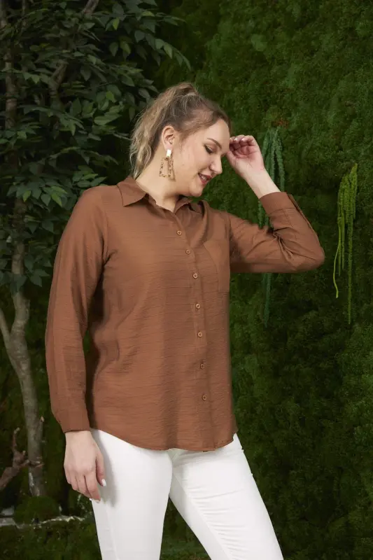 Plus Size Coffee Ribbed Shirt with Pocket Detail - 2