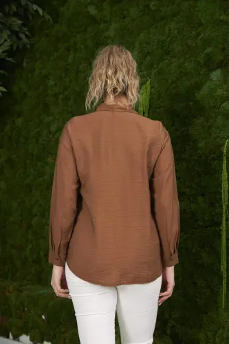 Plus Size Coffee Ribbed Shirt with Pocket Detail - 4
