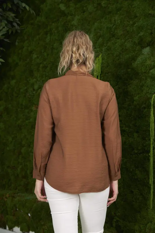 Plus Size Coffee Ribbed Shirt with Pocket Detail - 4