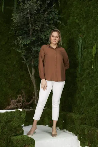 Plus Size Coffee Ribbed Shirt with Pocket Detail - 5
