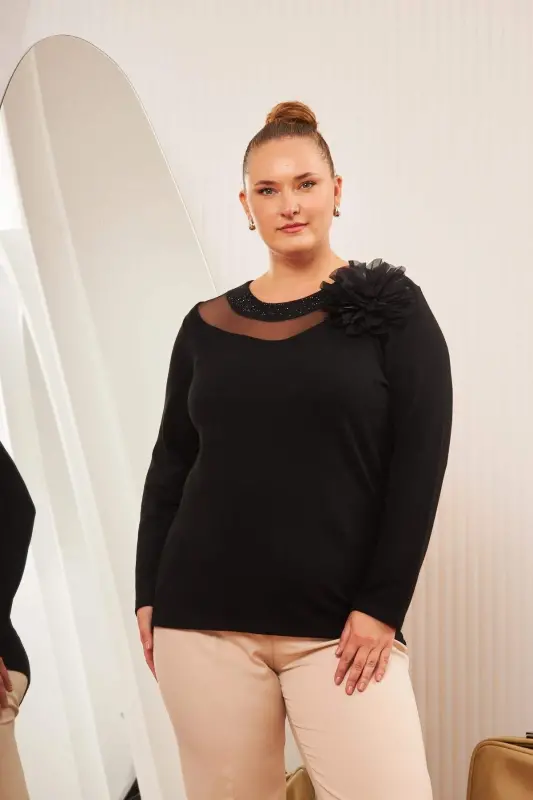 Plus Size Collar Detail Blouse Black - BÜYÜKBEDENIZ