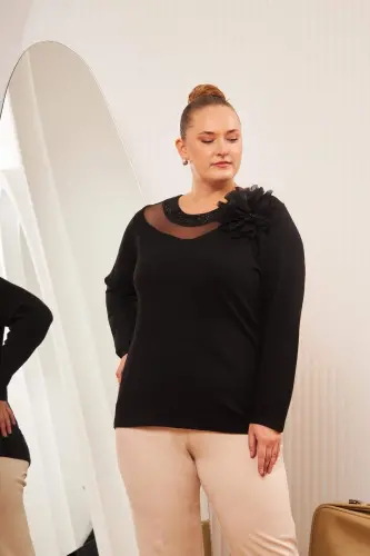 Plus Size Collar Detail Blouse Black - BÜYÜKBEDENIZ (1)