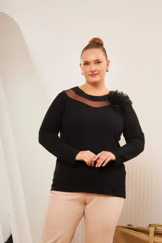Plus Size Collar Detail Blouse Black - 4