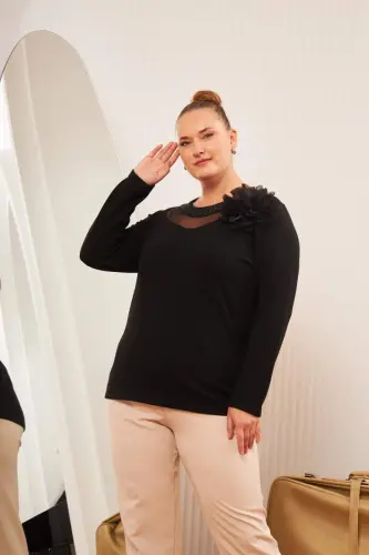 Plus Size Collar Detail Blouse Black - 3