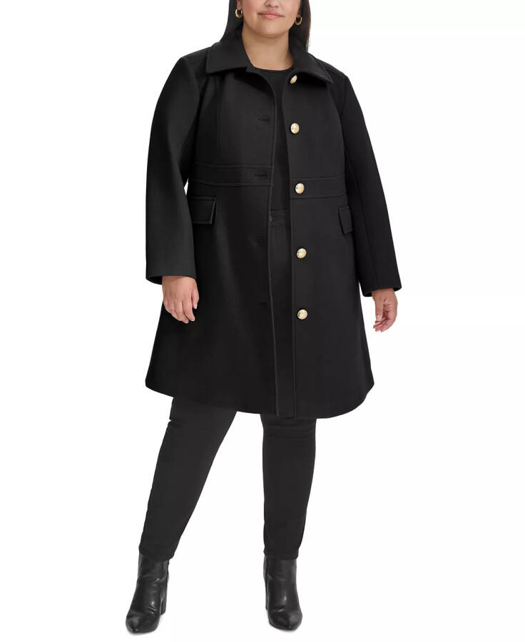 Plus Size Collared Button-Front Coat, Created for Modazone Black - 1