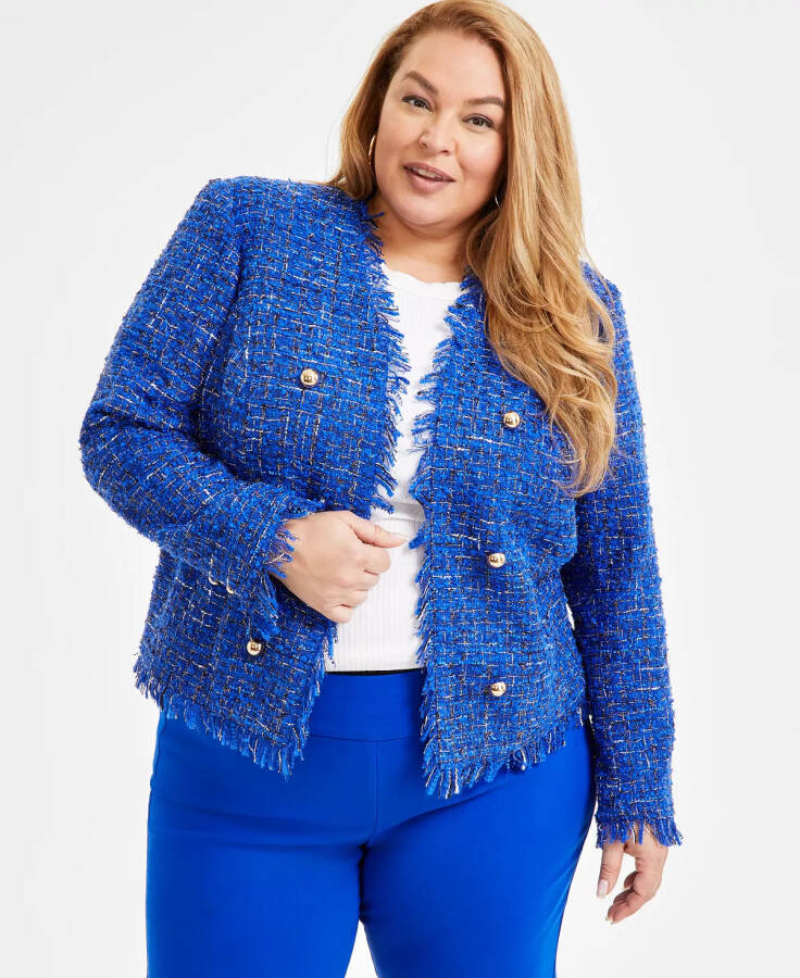 Plus Size Collarless Tweed Blazer, Exclusively at Modazone Bright Blueberry - 1