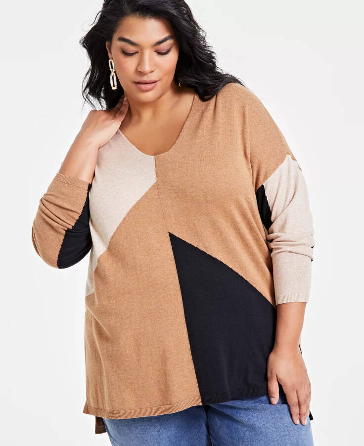 Plus Size Colorblocked Sweater, Created for Modazone Ginger Combo - 1