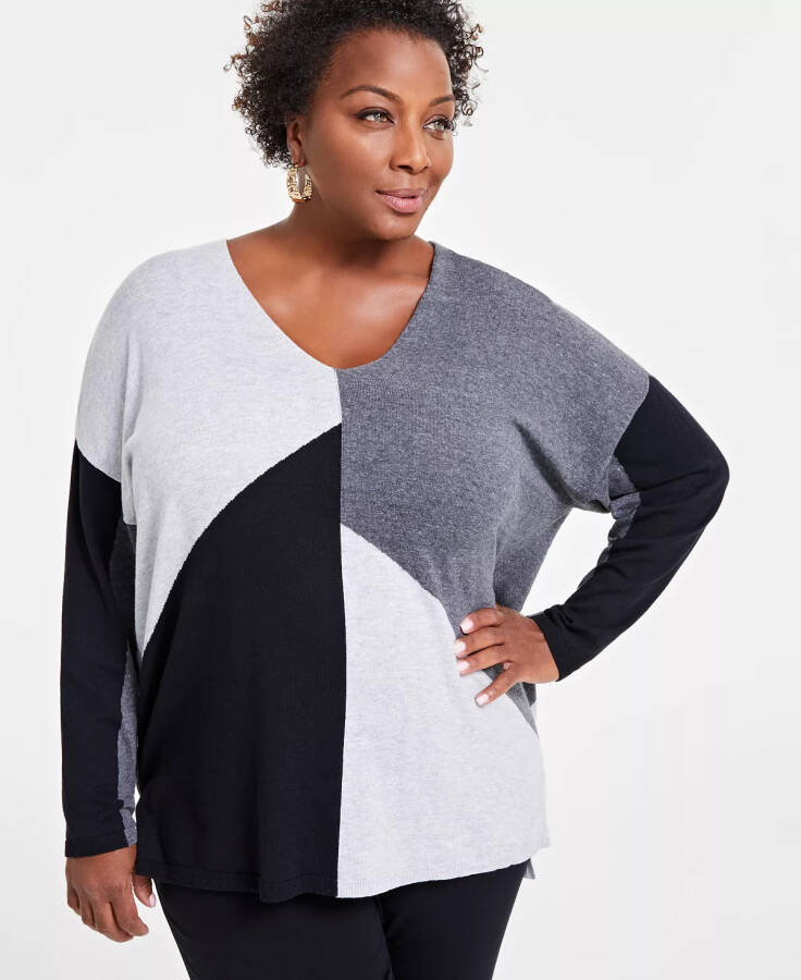 Plus Size Colorblocked Sweater, Created for Modazone Grey Black Combo - 1