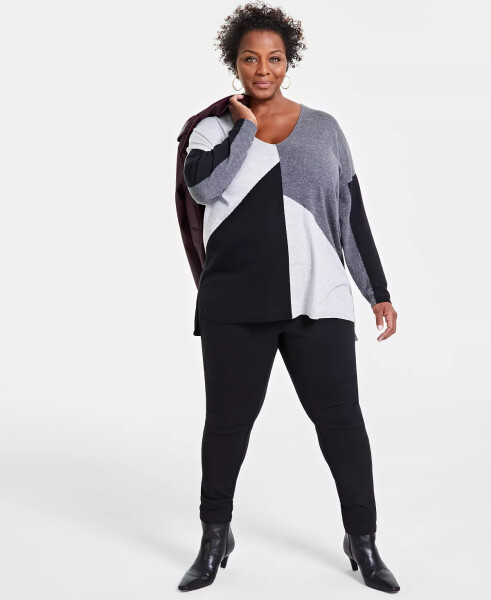 Plus Size Colorblocked Sweater, Created for Modazone Grey Black Combo - 4